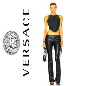 NWOT Versace black fringe leather boot cut pants